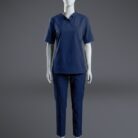A stylish blue collared scrub on a standing mannequin.