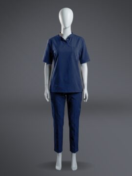 A stylish blue collared scrub on a standing mannequin.