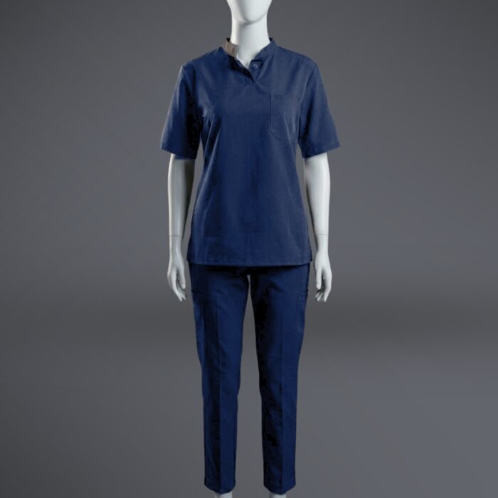 Collared blue scrub standing A stylish blue collared scrub on a standing mannequin.