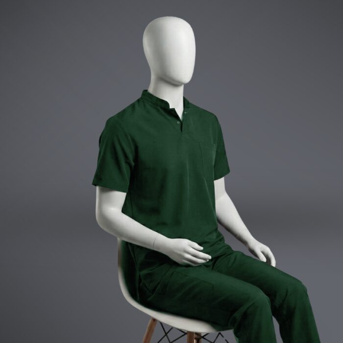 A stylish green collared scrub on a sitting mannequin.