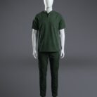 A stylish green collared scrub on a standing mannequin.