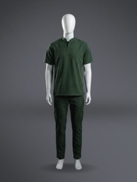 A stylish green collared scrub on a standing mannequin.