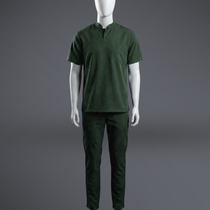 A stylish green collared scrub on a standing mannequin.