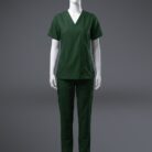 A stylish blue Pocketed scrub on a standing mannequin.