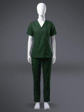 A stylish blue Pocketed scrub on a standing mannequin.