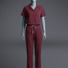 A stylish maroon T-shirt scrub on a standing mannequin.