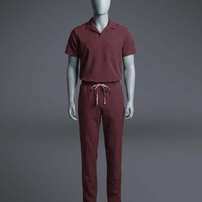 A stylish maroon t shirt scrub view on a standing mannequin