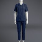 A stylish blue V-neck scrub with fashionable cuts on a standing mannequin.