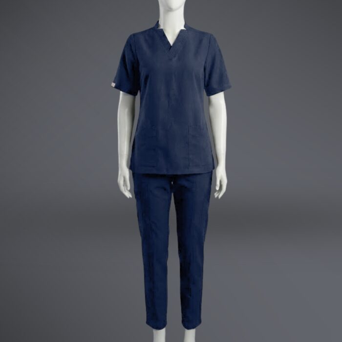 A stylish blue V-neck scrub with fashionable cuts on a standing mannequin.