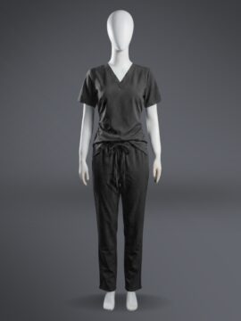 A stylish black minimal scrub on a standing mannequin.