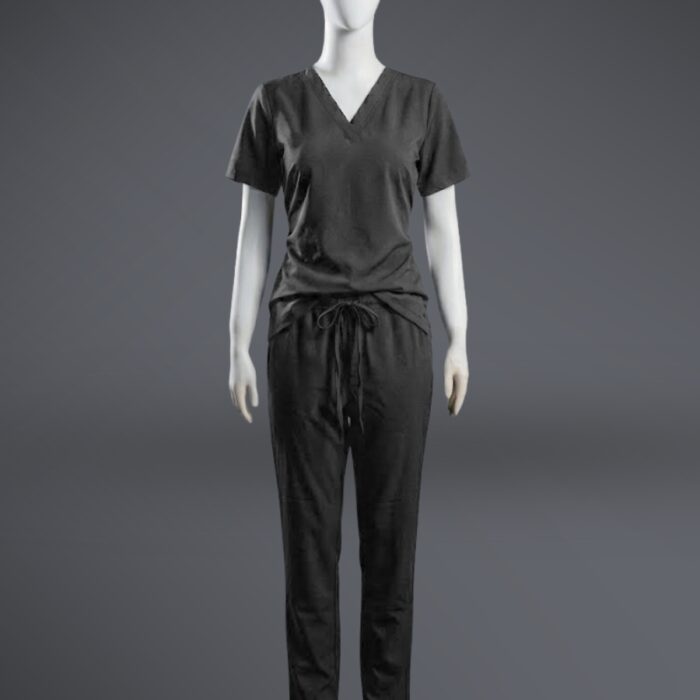 V-neck scrub black standing A stylish black minimal scrub on a standing mannequin.