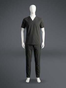 A stylish black minimal scrub on a standing mannequin.