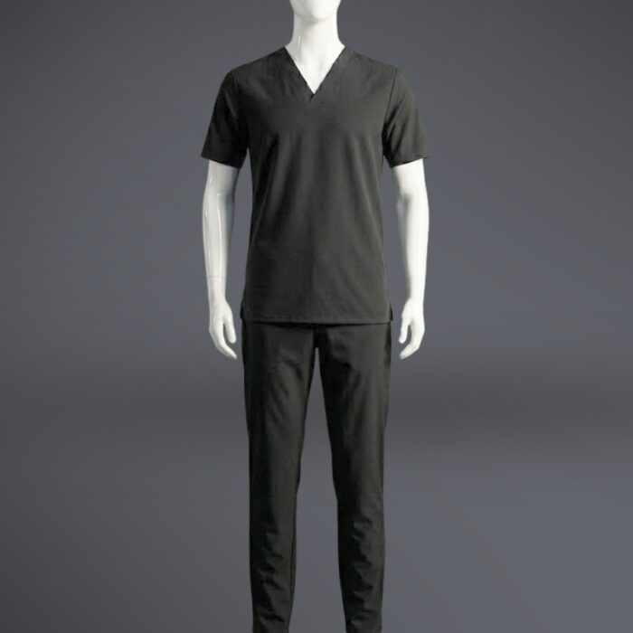 Black V neck scrubs standing A stylish black minimal scrub on a standing mannequin.
