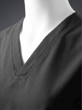 Black neck scrubs close up A close up photo of a fashionable black minimal scrub on a mannequin.