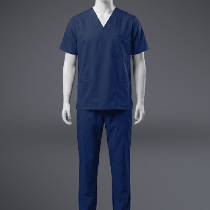 fashionable blue pocketed scrub standing